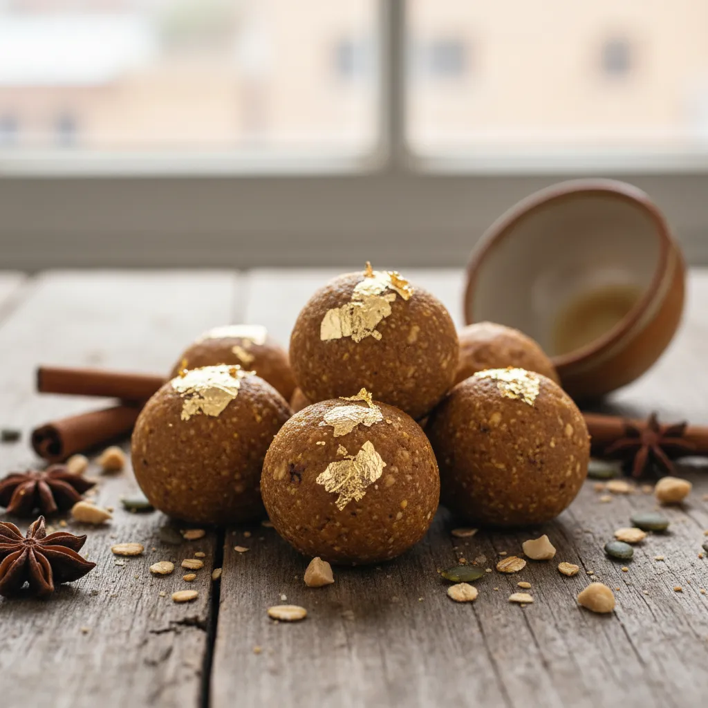 Pumpkin Spice Peanut Butter Energy Bites with Edible Gold Leaf