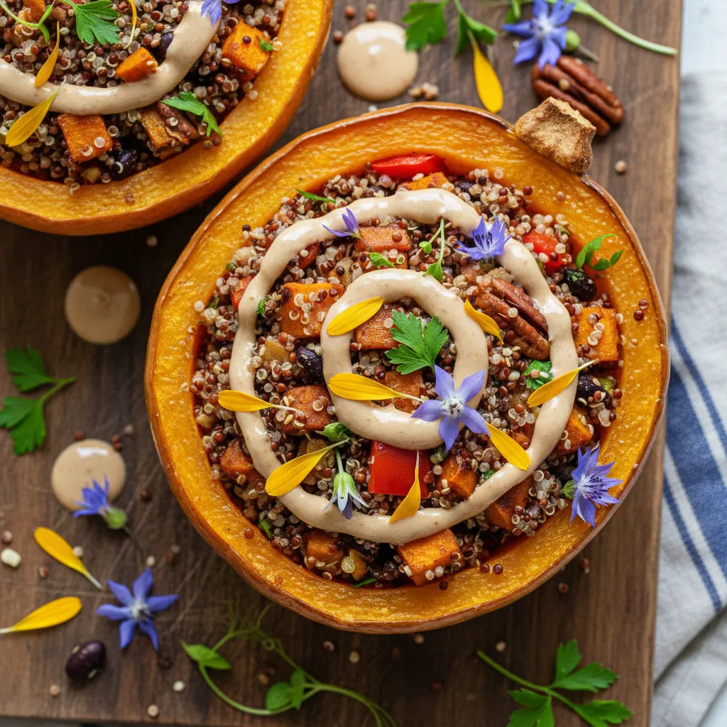 Quinoa-Stuffed Acorn Squash with Maple-Tahini Drizzle and Edible Flowers