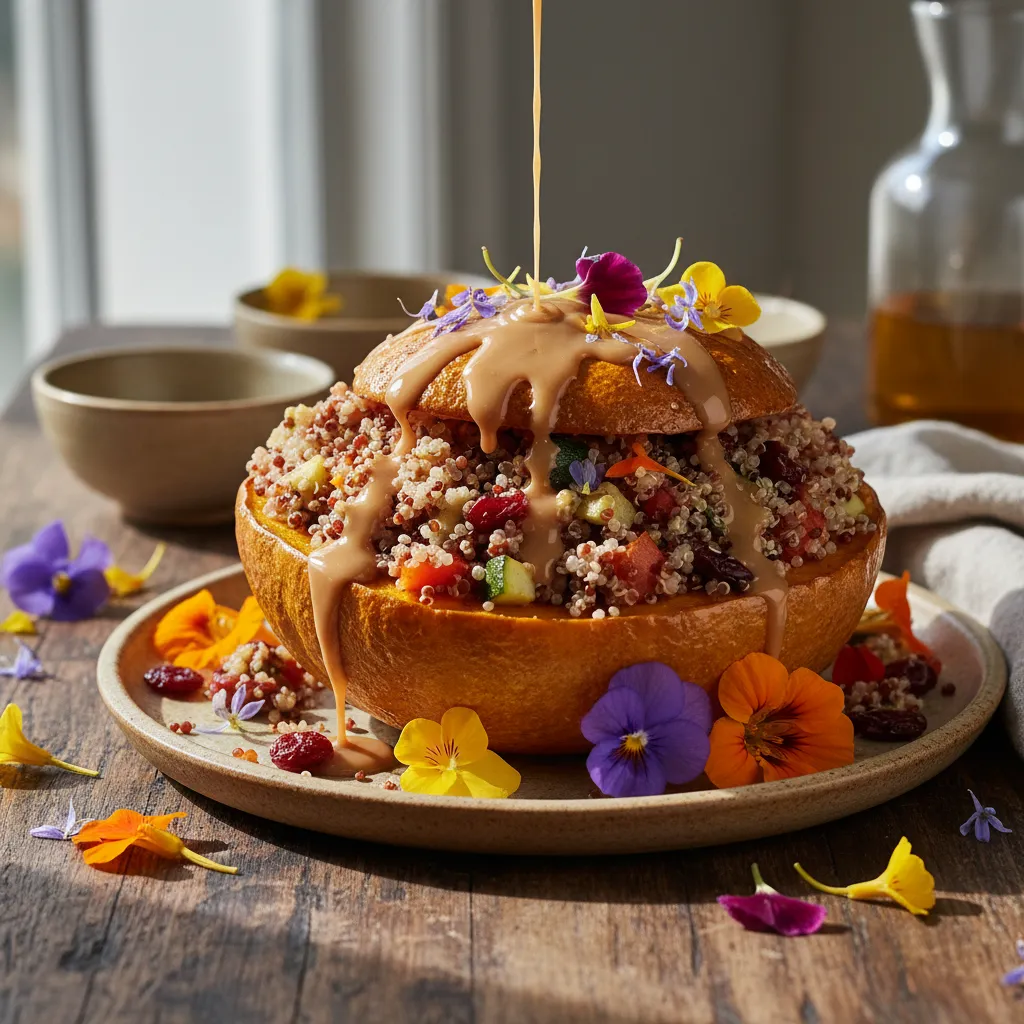 Quinoa-Stuffed Acorn Squash with Maple-Tahini Drizzle and Edible Flowers