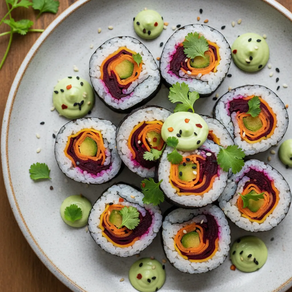 Rainbow Beetroot and Carrot Sushi Rolls with Avocado Cream