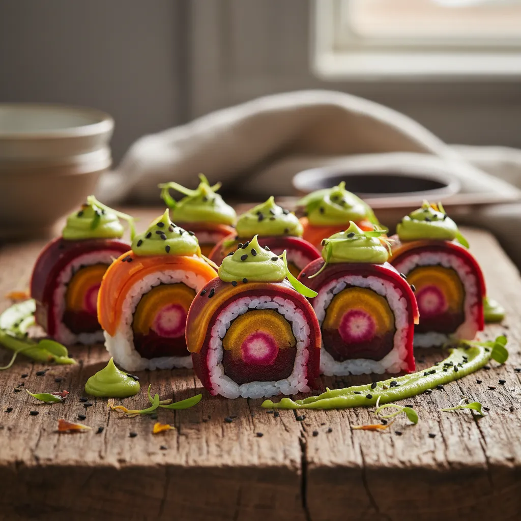 Rainbow Beetroot and Carrot Sushi Rolls with Avocado Cream