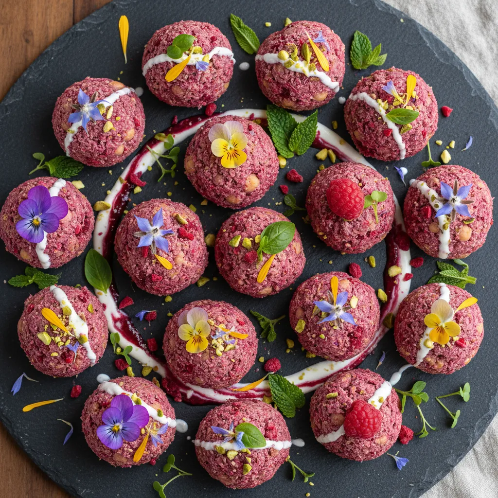 Raspberry-Chickpea Protein Bites with Edible Flower Garnish