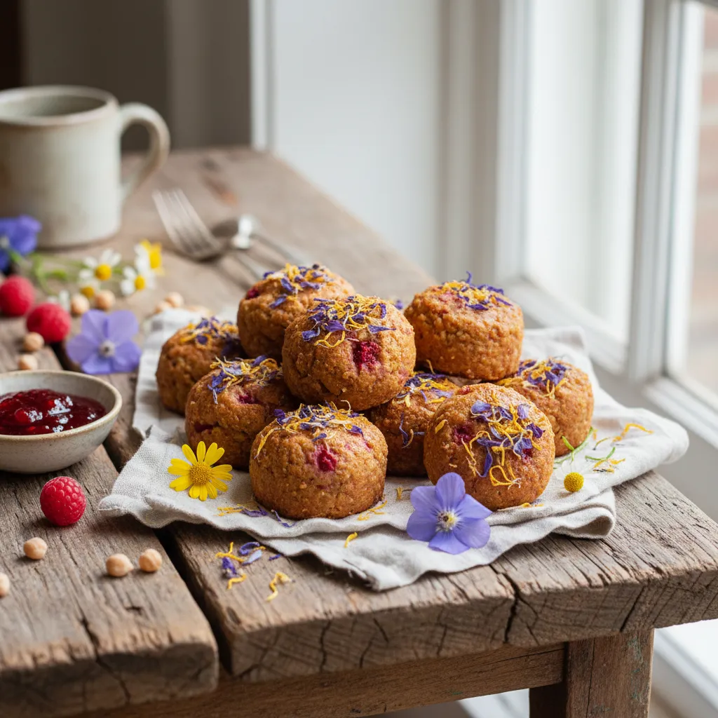 Raspberry-Chickpea Protein Bites with Edible Flower Garnish