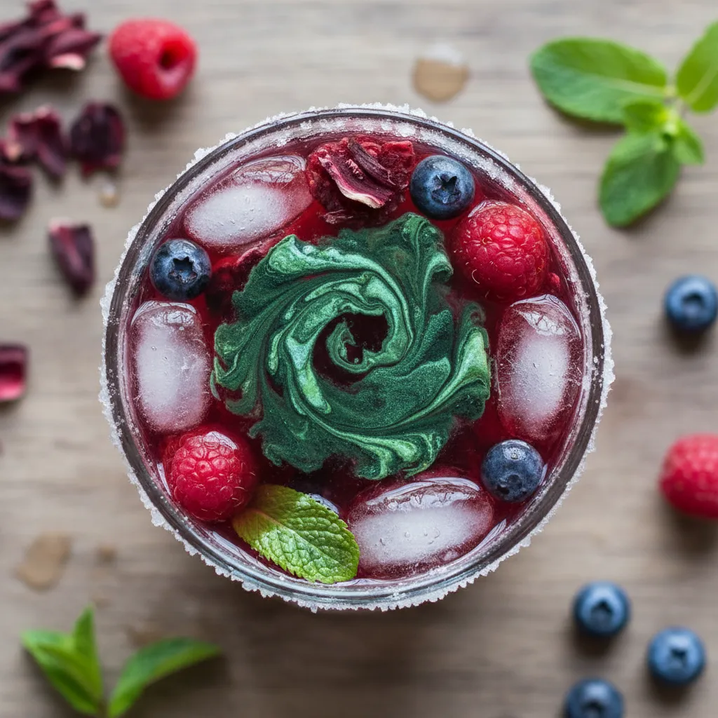 Refreshing Hibiscus Berry Infusion with Spirulina Swirl