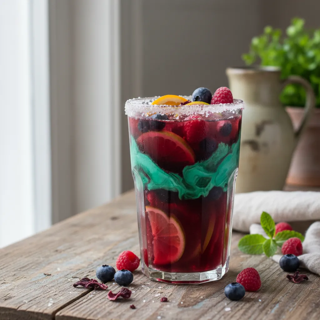 Refreshing Hibiscus Berry Infusion with Spirulina Swirl