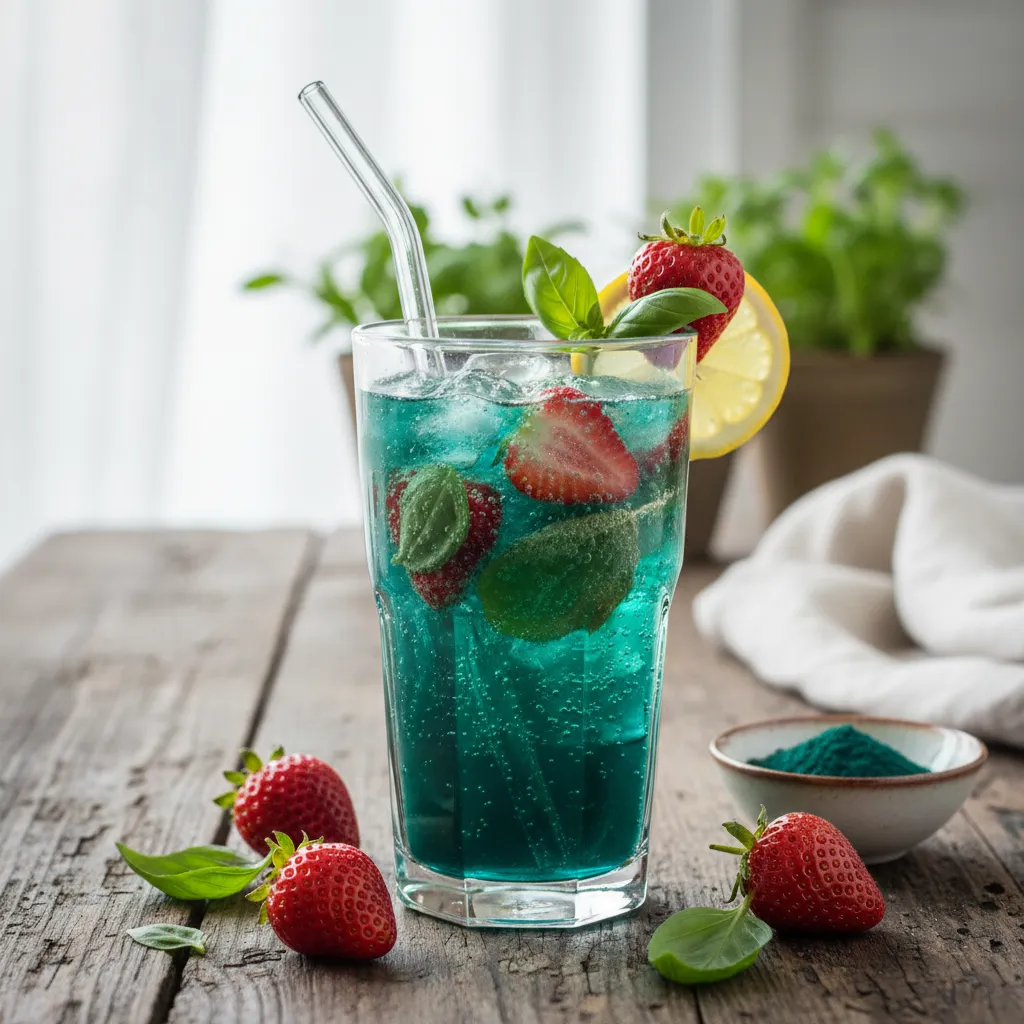 Refreshing Spirulina and Strawberry Basil Fizz