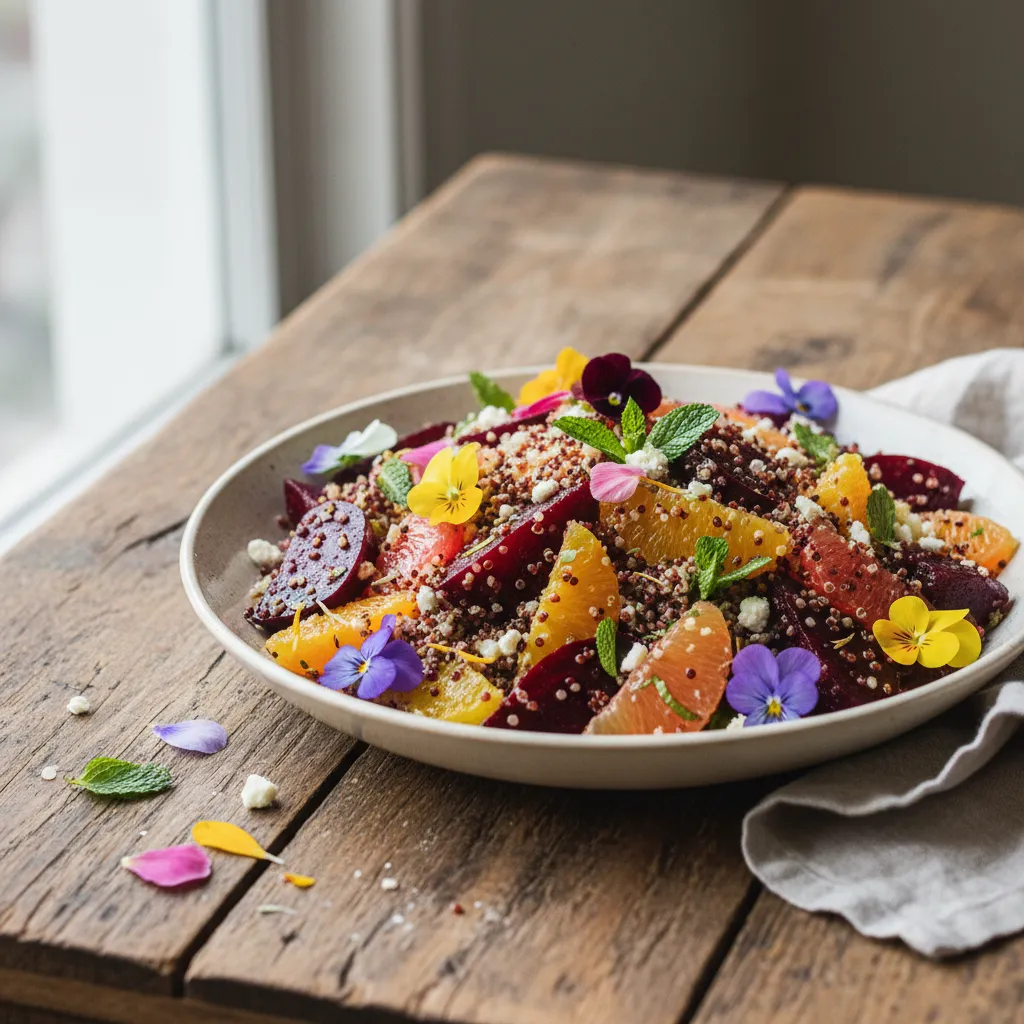 Roasted Beet and Citrus Quinoa Salad with Edible Flowers