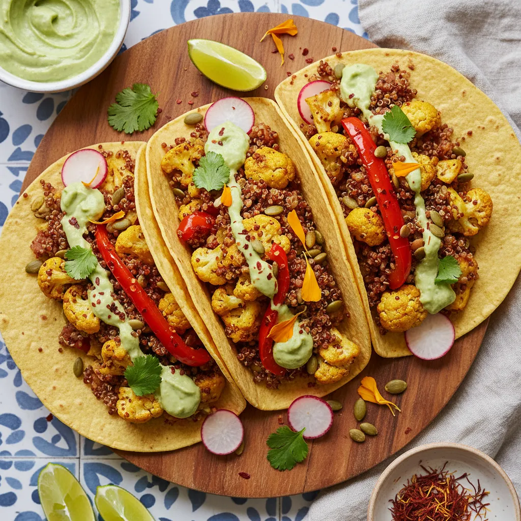 Saffron-Infused Cauliflower Quinoa Tacos with Avocado Lime Cream