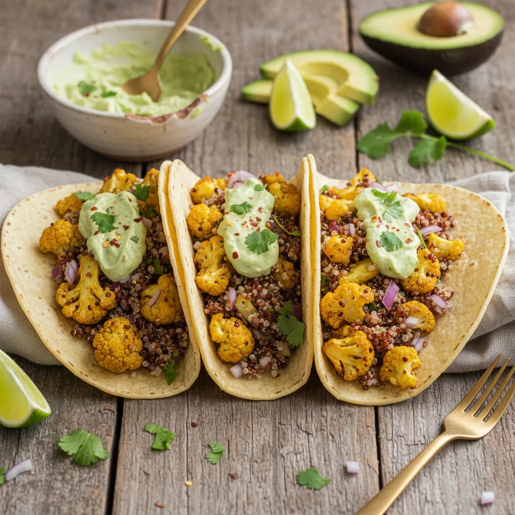 Saffron-Infused Cauliflower Quinoa Tacos with Avocado Lime Cream