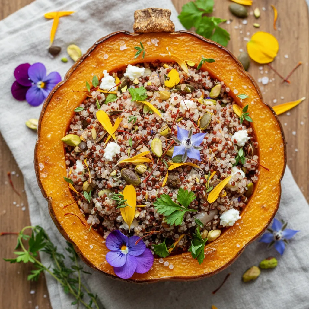 Saffron and Edible Flower Stuffed Acorn Squash with Quinoa