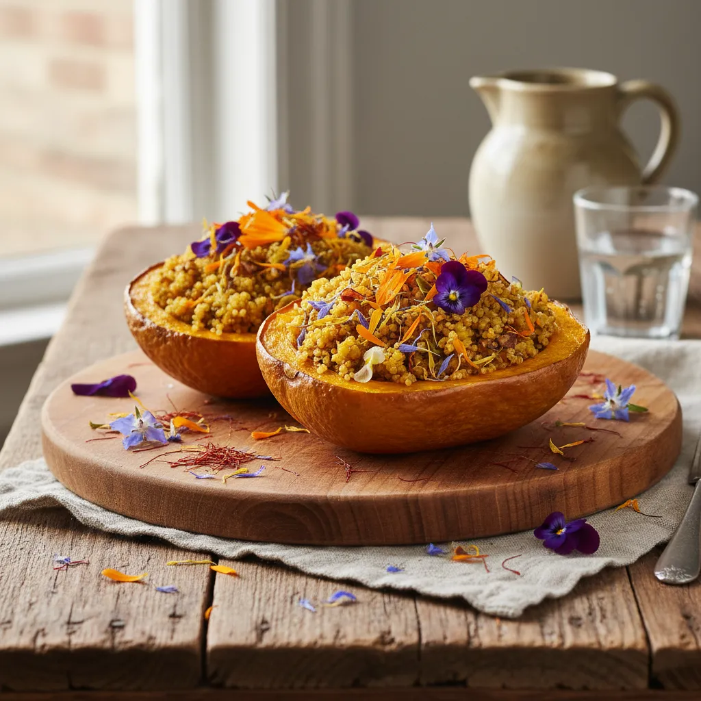 Saffron and Edible Flower Stuffed Acorn Squash with Quinoa