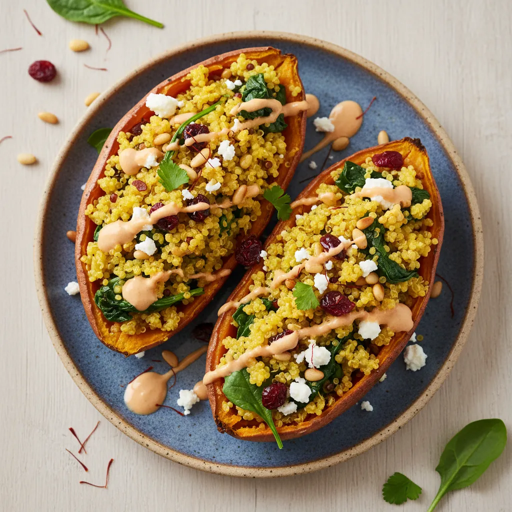 Saffron and Spinach Quinoa Stuffed Sweet Potatoes