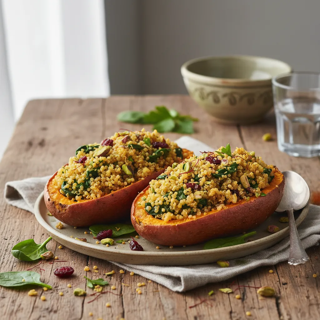 Saffron and Spinach Quinoa Stuffed Sweet Potatoes