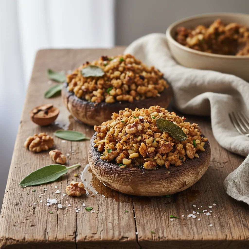 Sautéed Walnut and Sage Stuffed Portobello Mushrooms