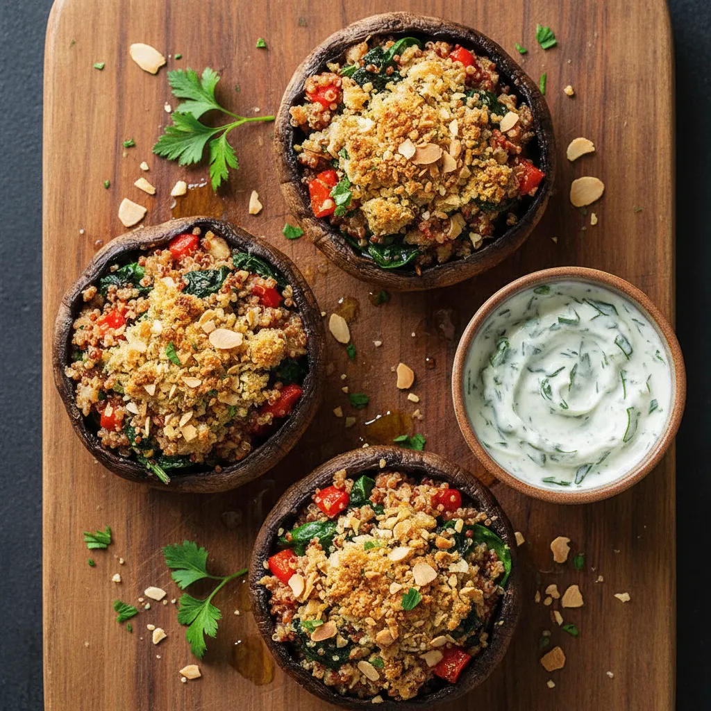 Savory Almond-Crusted Quinoa and Spinach Stuffed Portobello Mushrooms