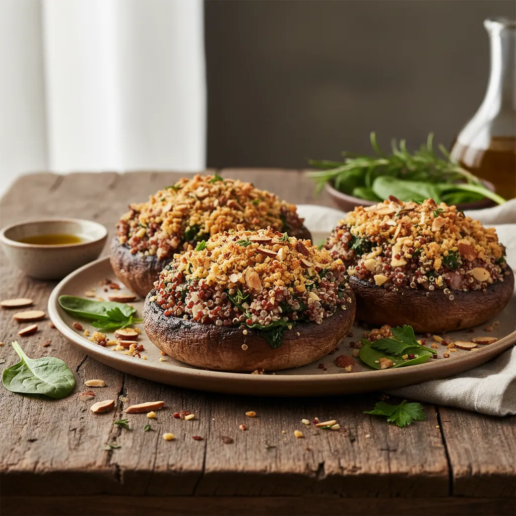 Savory Almond-Crusted Quinoa and Spinach Stuffed Portobello Mushrooms