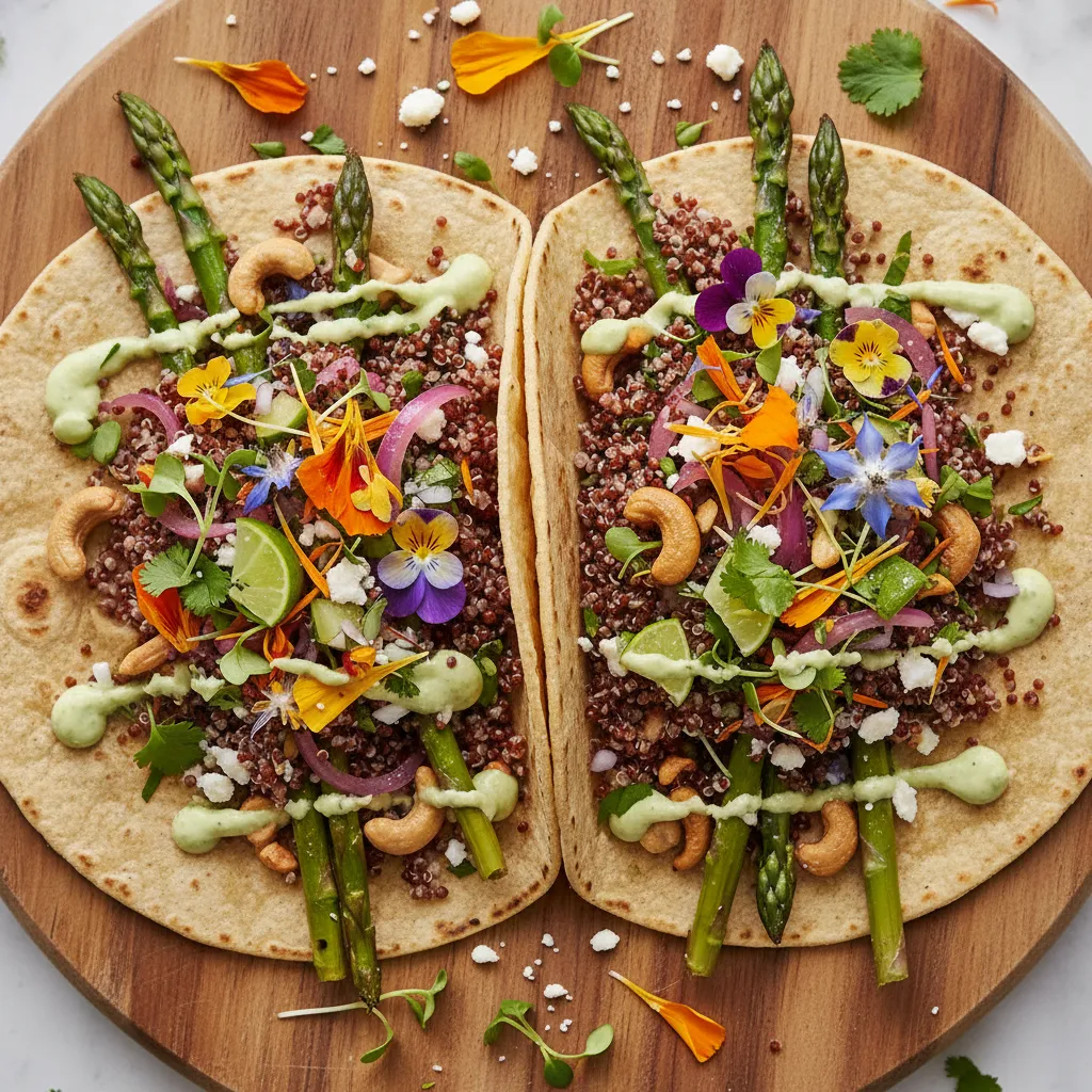 Savory Asparagus and Cashew Quinoa Tacos with Edible Flower Salsa