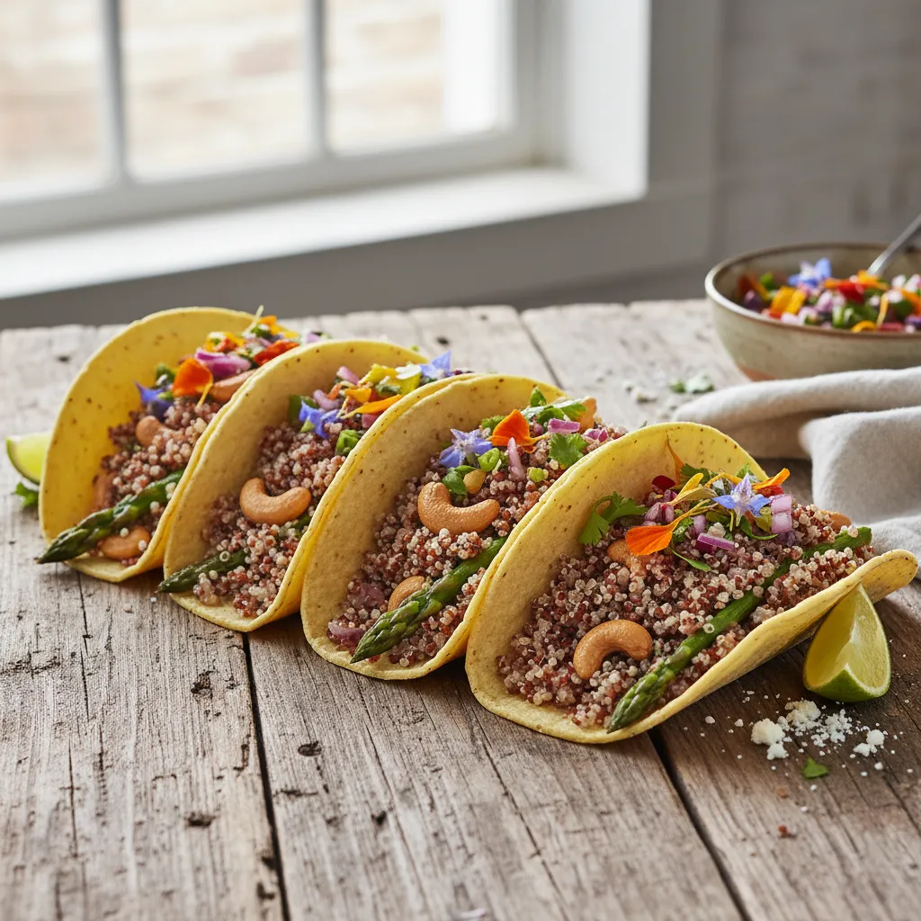 Savory Asparagus and Cashew Quinoa Tacos with Edible Flower Salsa
