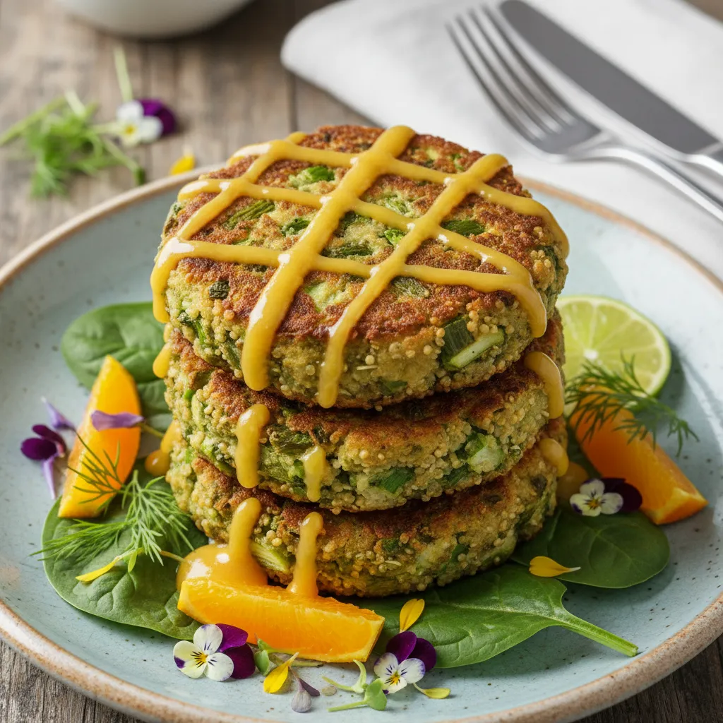 Savory Asparagus and Spirulina Quinoa Cakes with Citrus Drizzle
