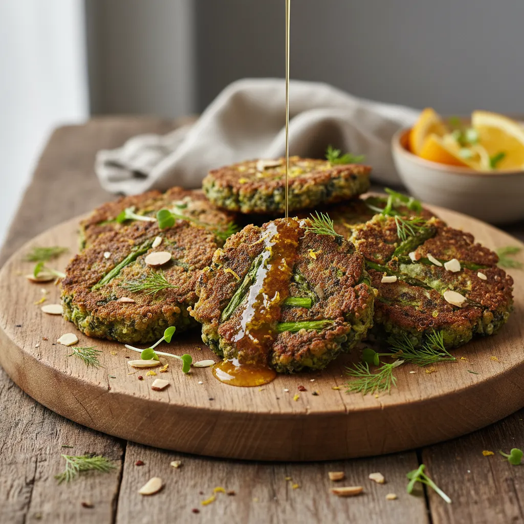 Savory Asparagus and Spirulina Quinoa Cakes with Citrus Drizzle