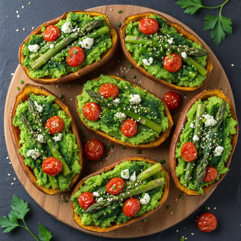 Savory Asparagus and Spirulina Stuffed Sweet Potato Skins