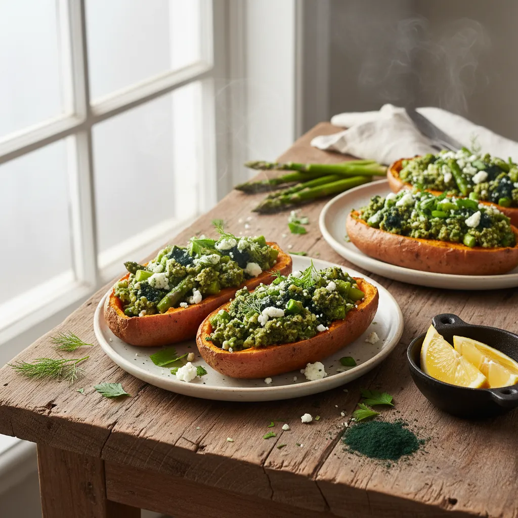 Savory Asparagus and Spirulina Stuffed Sweet Potato Skins