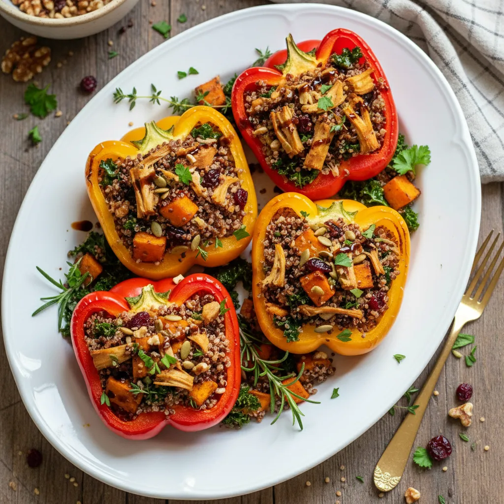 Savory Autumn Harvest Quinoa and Jackfruit Stuffed Peppers