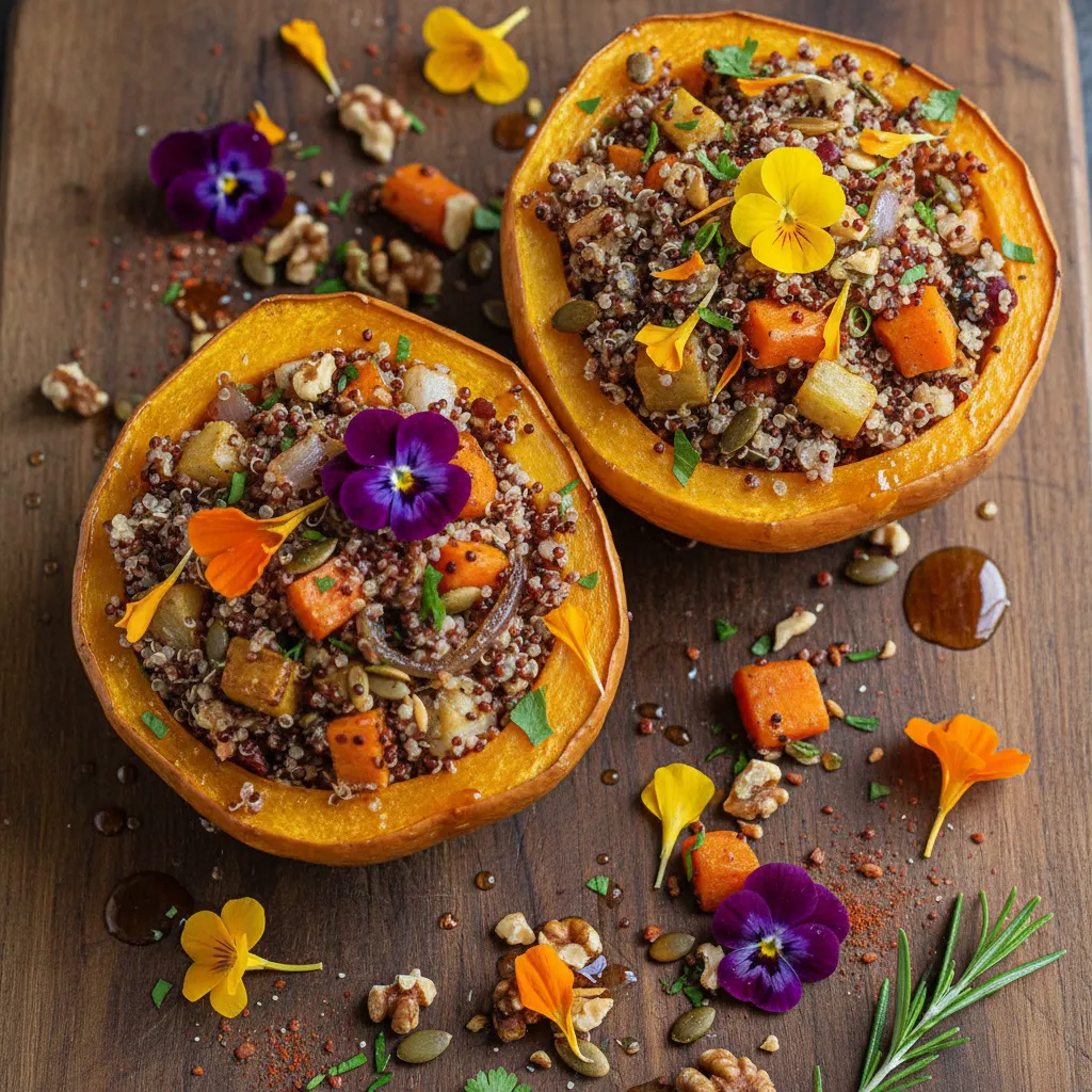 Savory Autumn Harvest Stuffed Acorn Squash with Quinoa and Edible Flowers