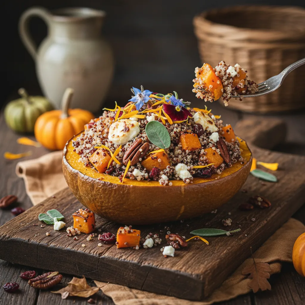 Savory Autumn Harvest Stuffed Acorn Squash with Quinoa and Edible Flowers
