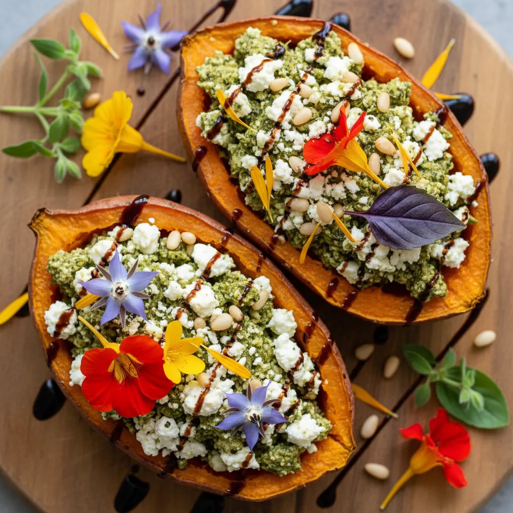 Savory Basil and Edible Flower Stuffed Sweet Potatoes