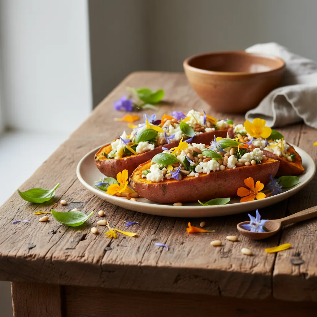 Savory Basil and Edible Flower Stuffed Sweet Potatoes
