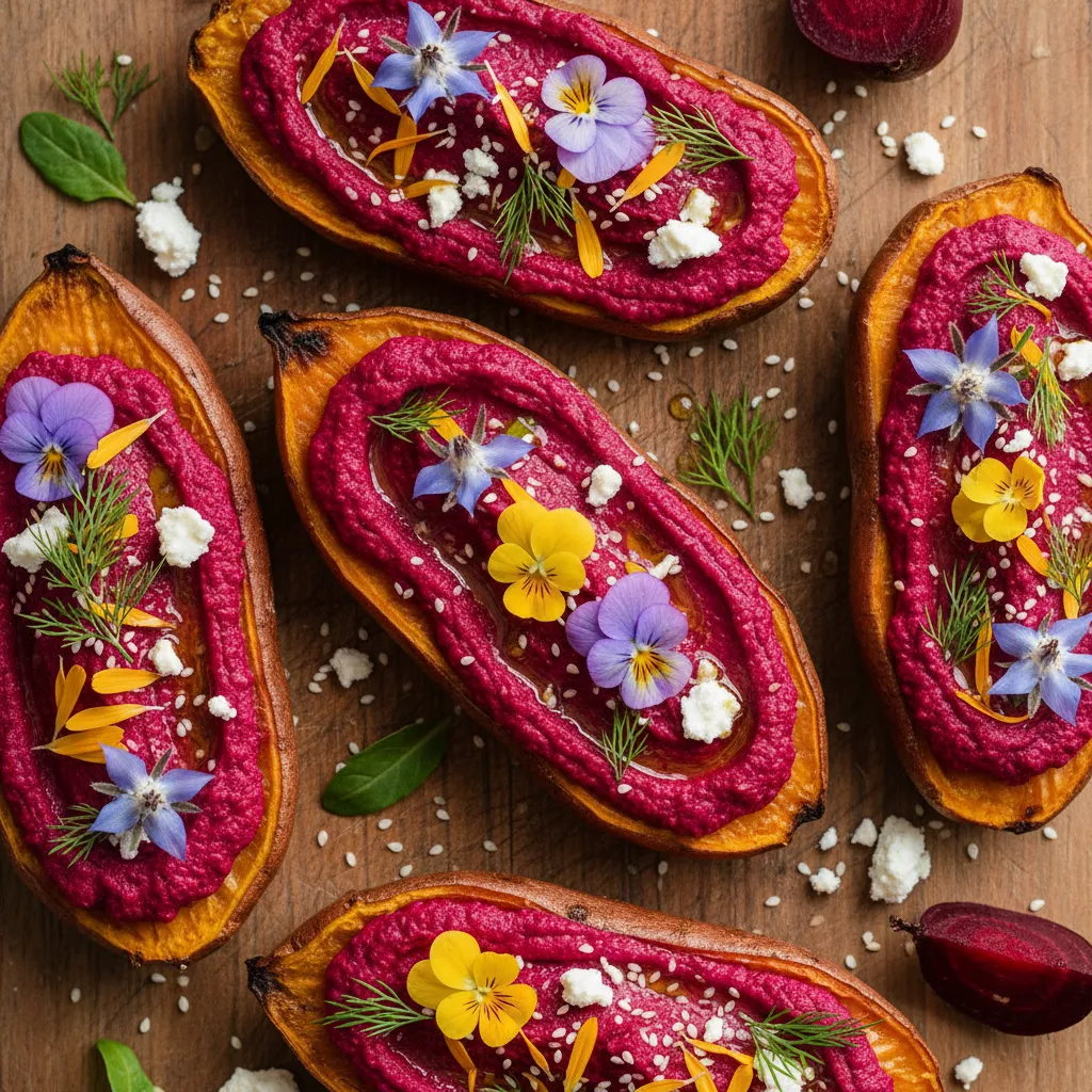 Savory Beetroot Hummus Stuffed Sweet Potato Boats with Edible Flowers