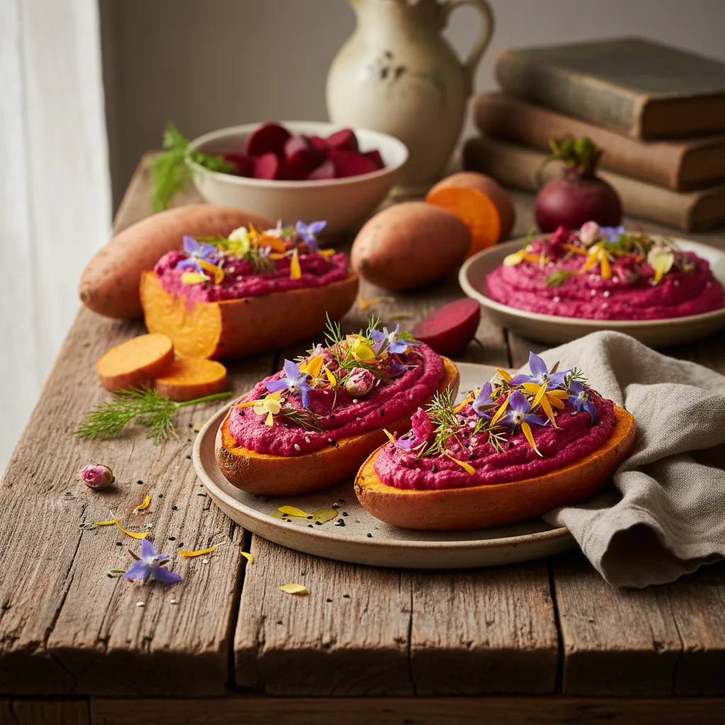 Savory Beetroot Hummus Stuffed Sweet Potato Boats with Edible Flowers