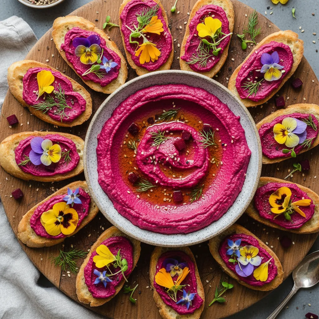 Savory Beetroot Hummus and Edible Flower Crostini