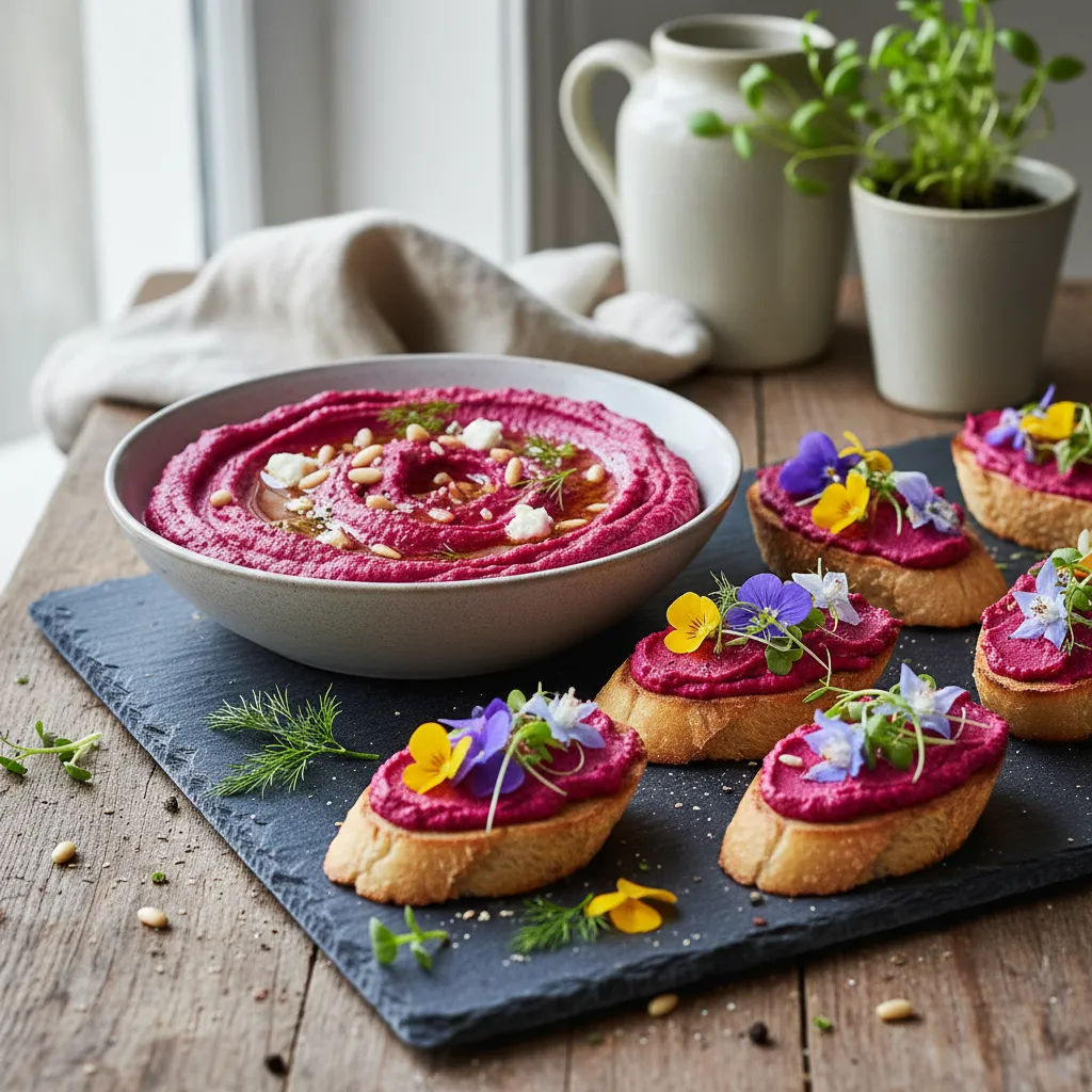 Savory Beetroot Hummus and Edible Flower Crostini