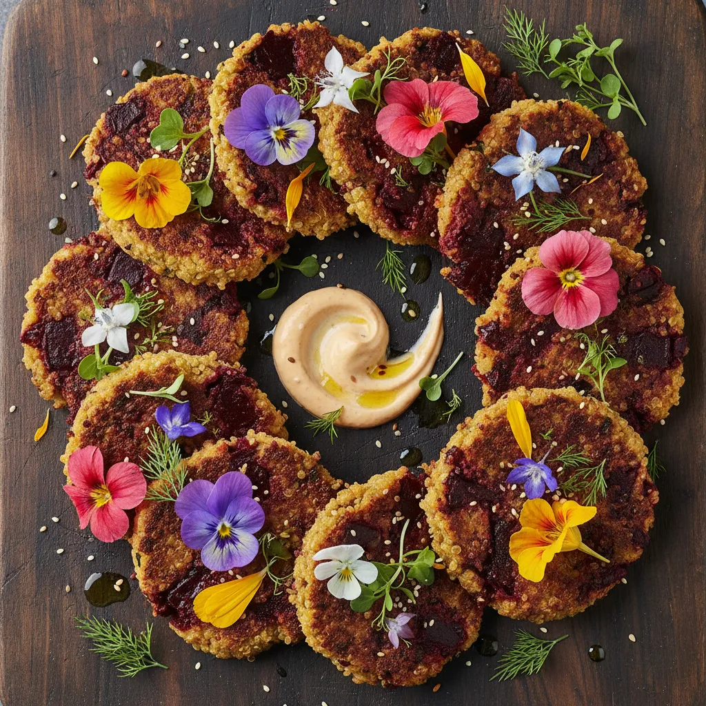 Savory Beetroot and Edible Flower Quinoa Cakes