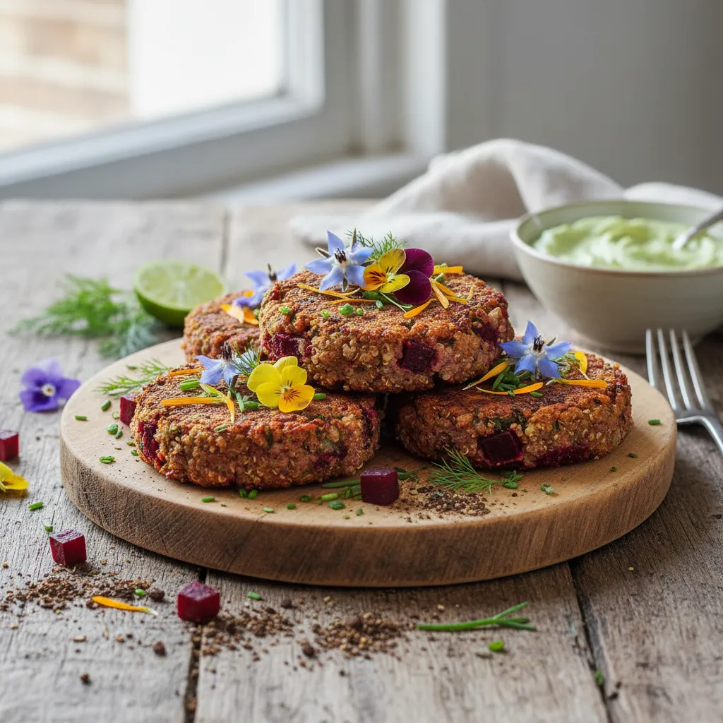 Savory Beetroot and Edible Flower Quinoa Cakes