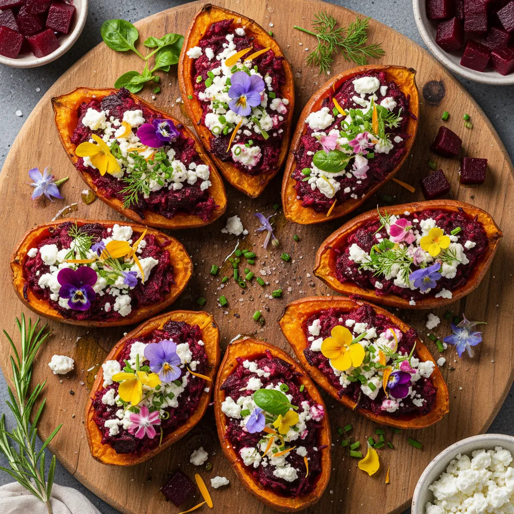 Savory Beetroot and Feta Stuffed Sweet Potato Skins with Edible Flower Garnish