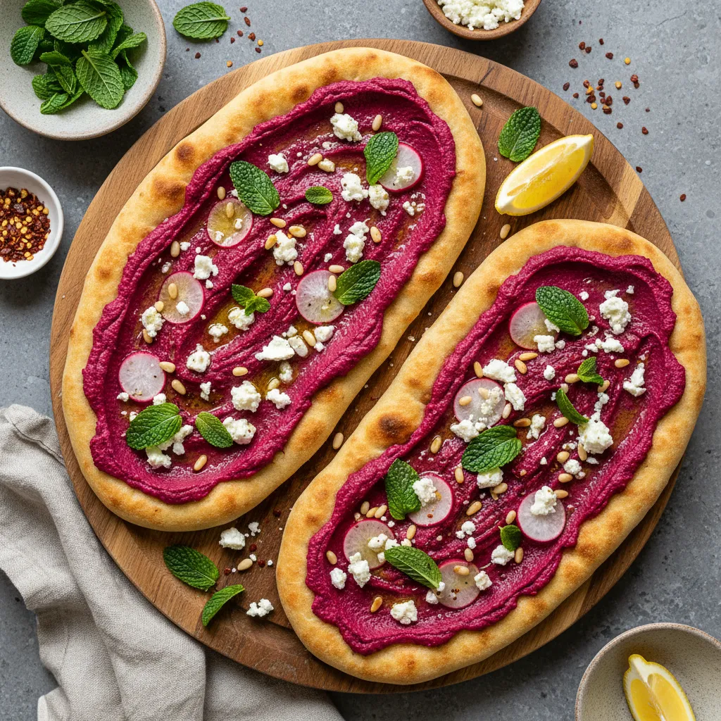 Savory Beetroot and Mint Hummus Flatbreads