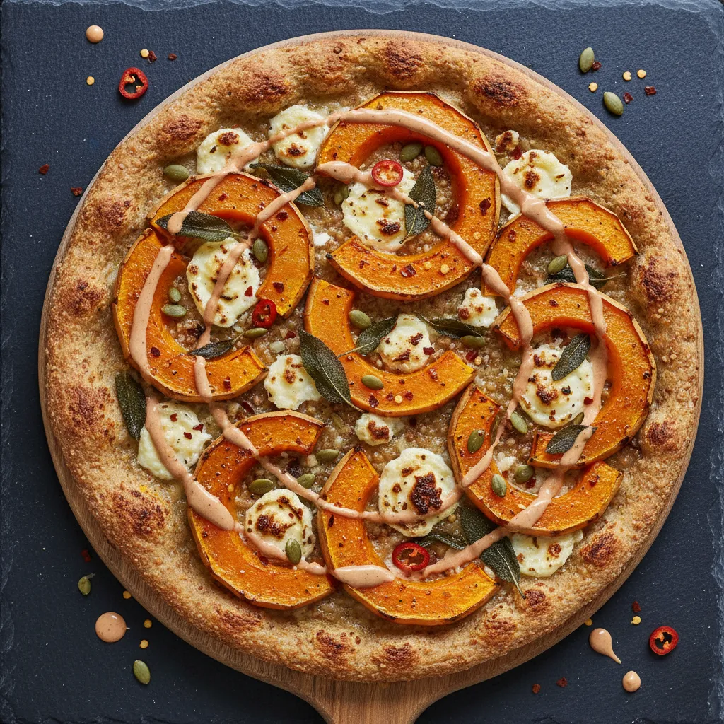Savory Butternut Squash Buckwheat Pizza with Spicy Maple Tahini Drizzle