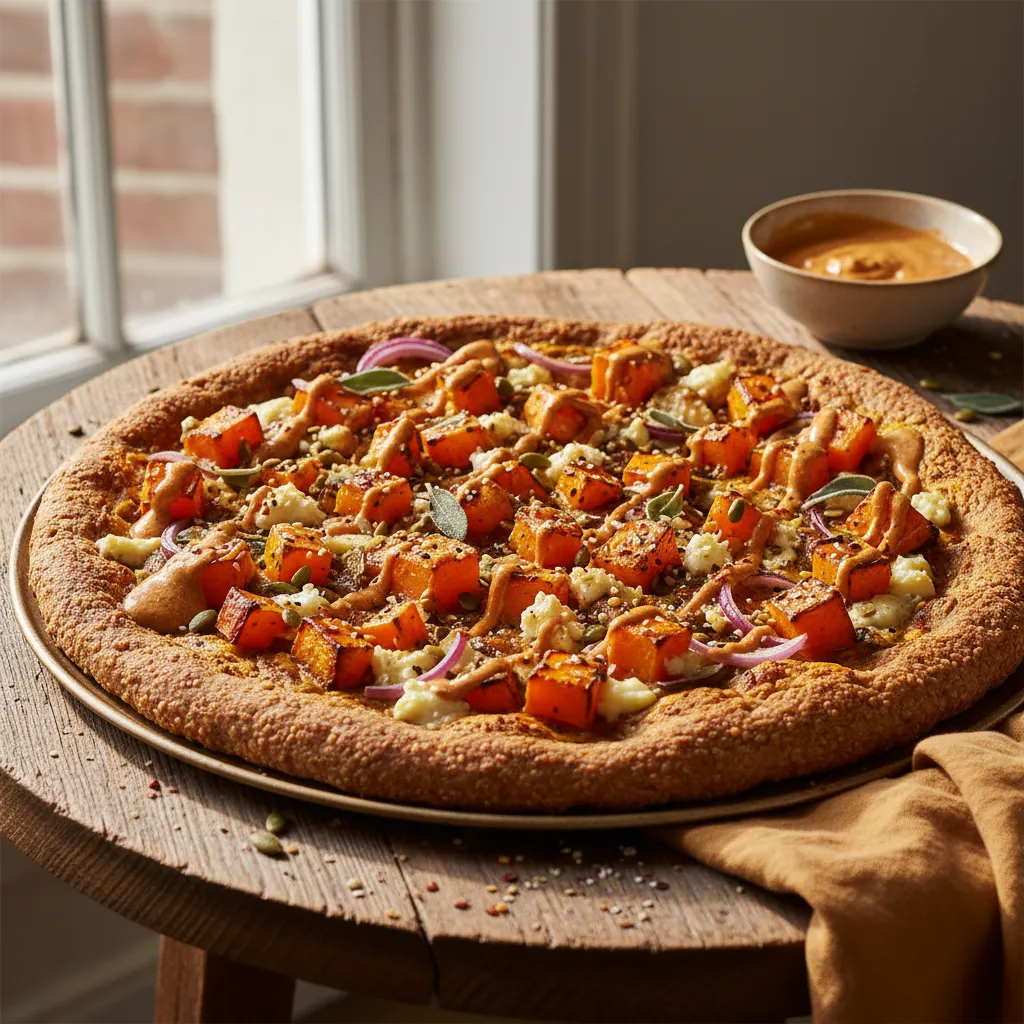 Savory Butternut Squash Buckwheat Pizza with Spicy Maple Tahini Drizzle