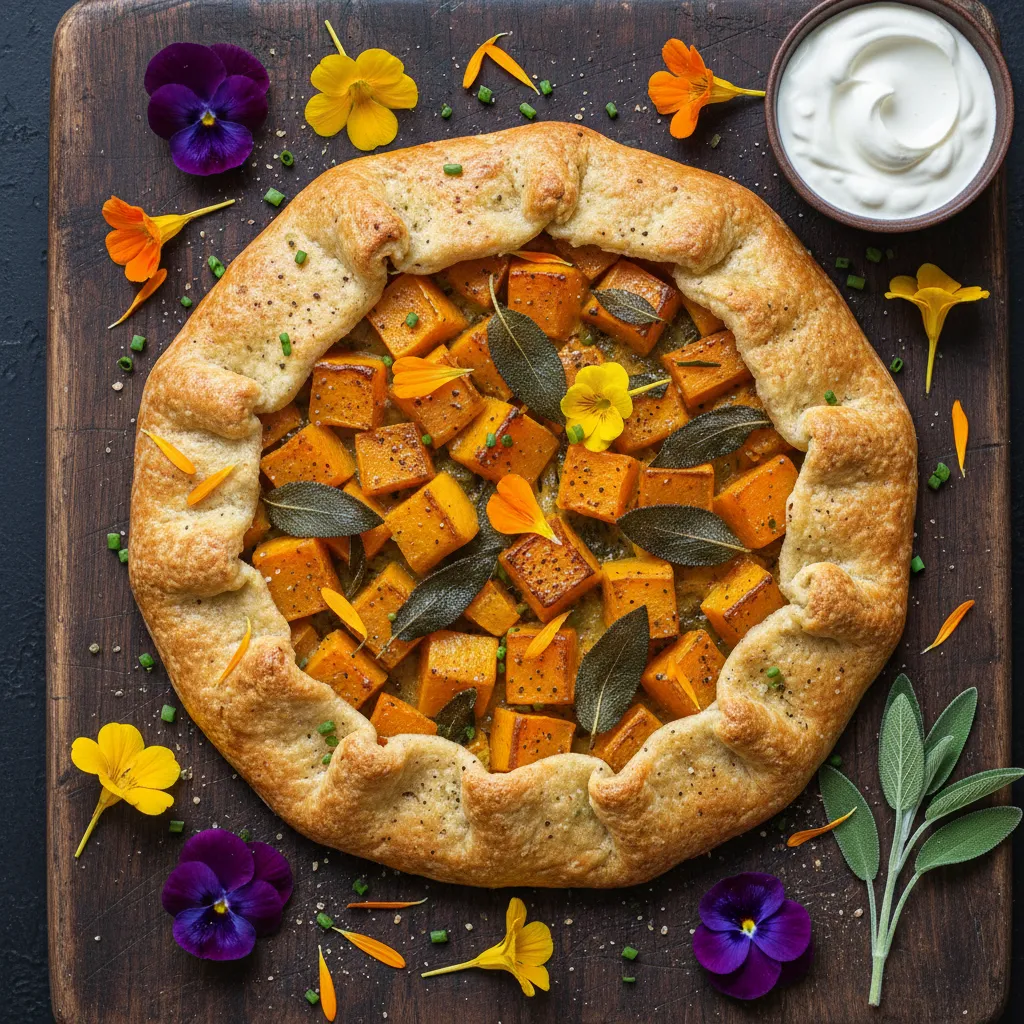 Savory Butternut Squash and Sage Galette with Edible Flowers