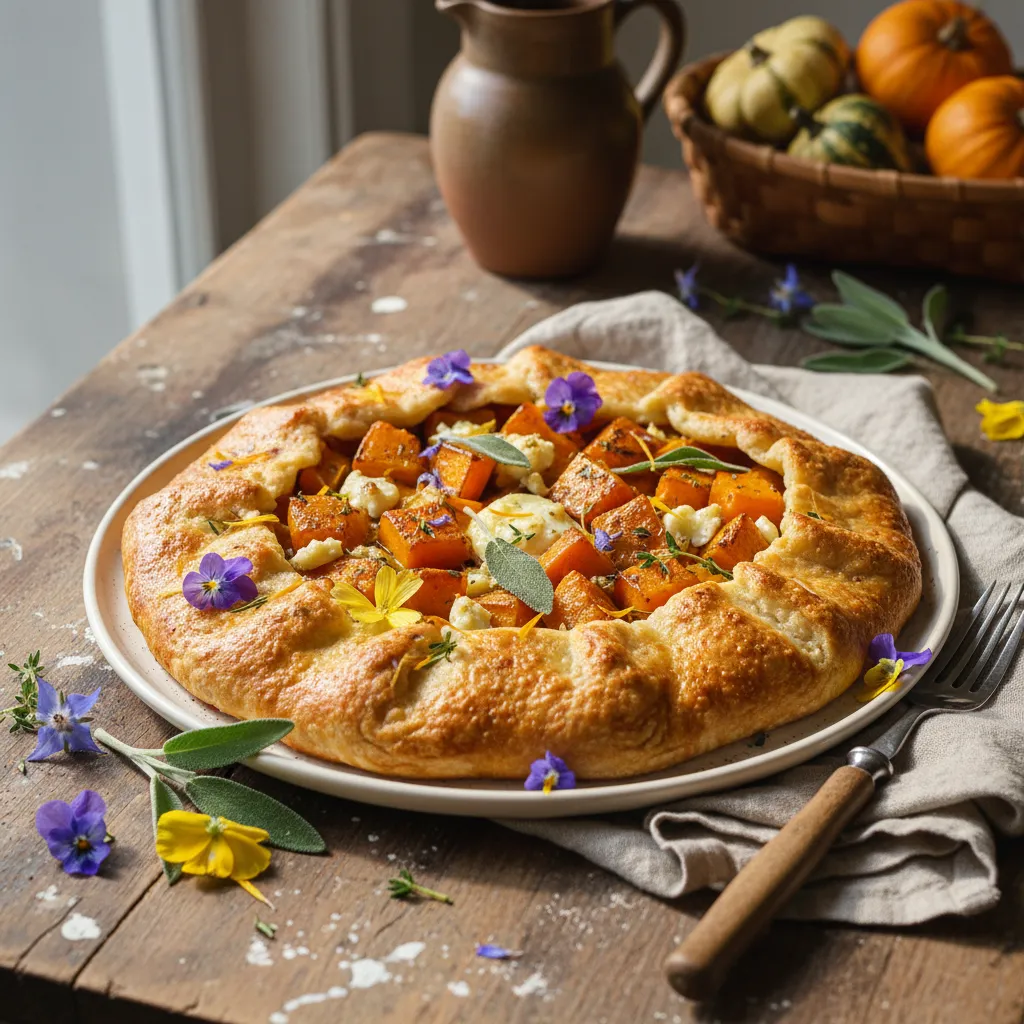 Savory Butternut Squash and Sage Galette with Edible Flowers
