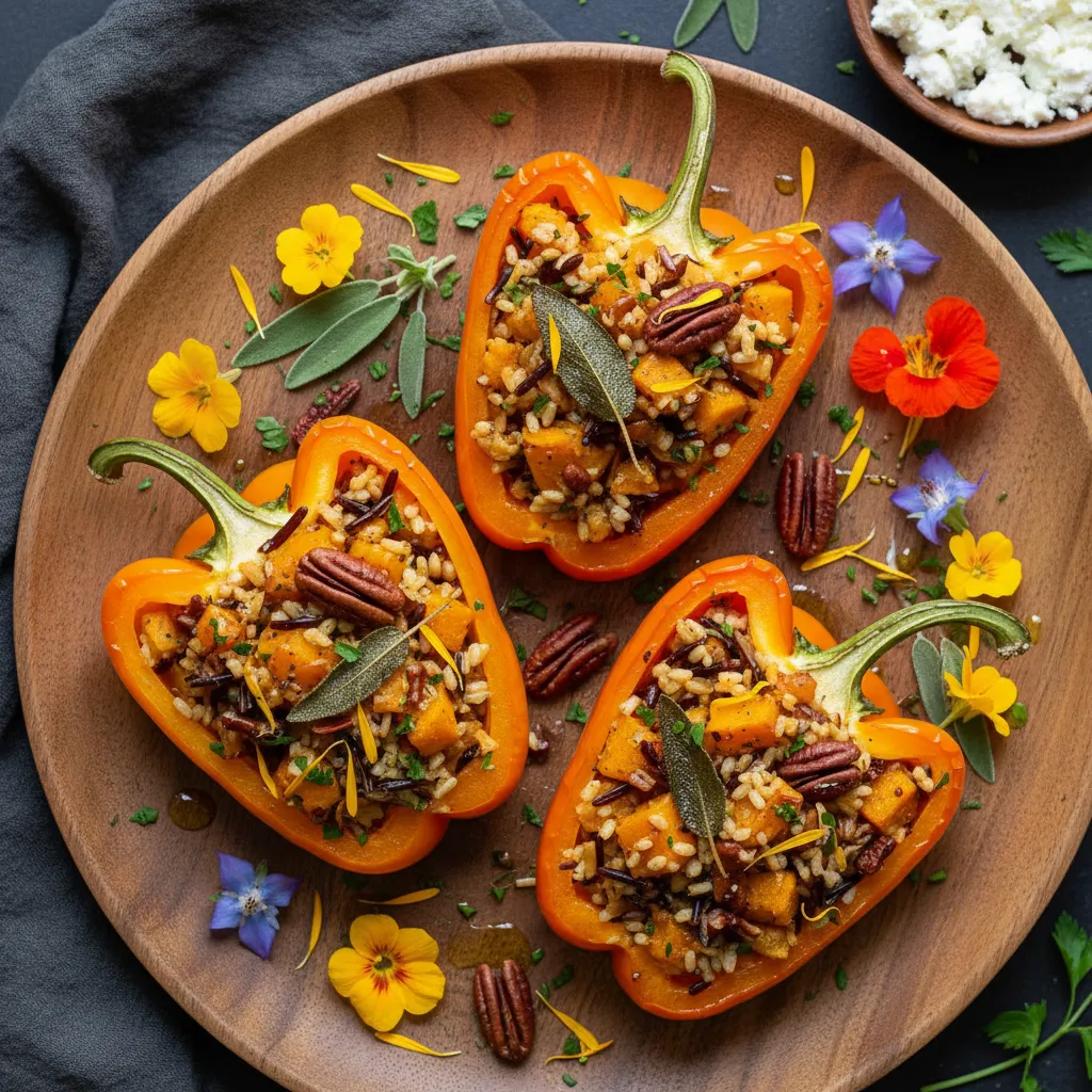 Savory Butternut Squash and Sage Stuffed Bell Peppers with Edible Flowers