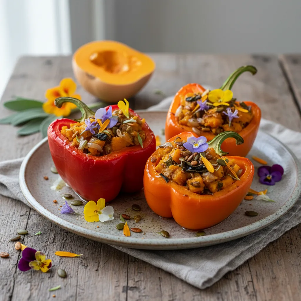 Savory Butternut Squash and Sage Stuffed Bell Peppers with Edible Flowers