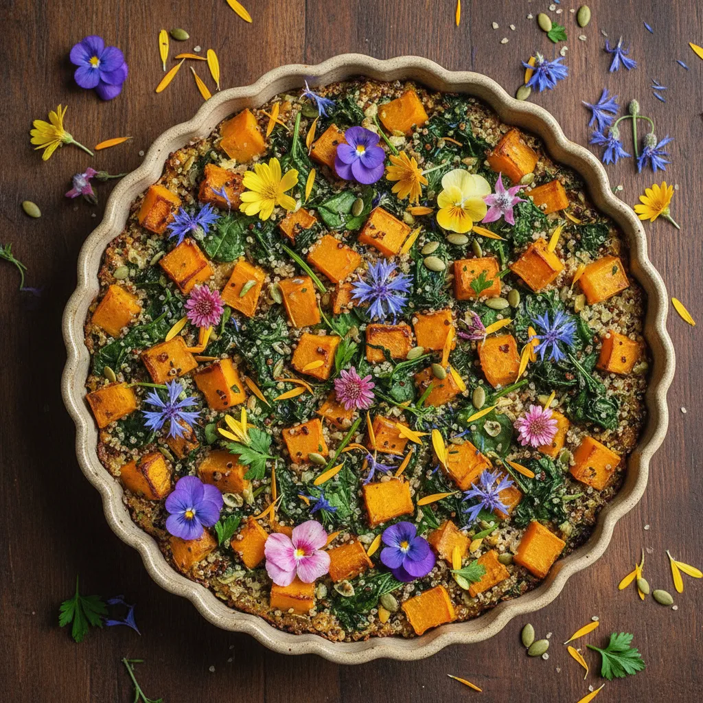 Savory Butternut Squash and Spinach Quinoa Bake with Edible Flowers