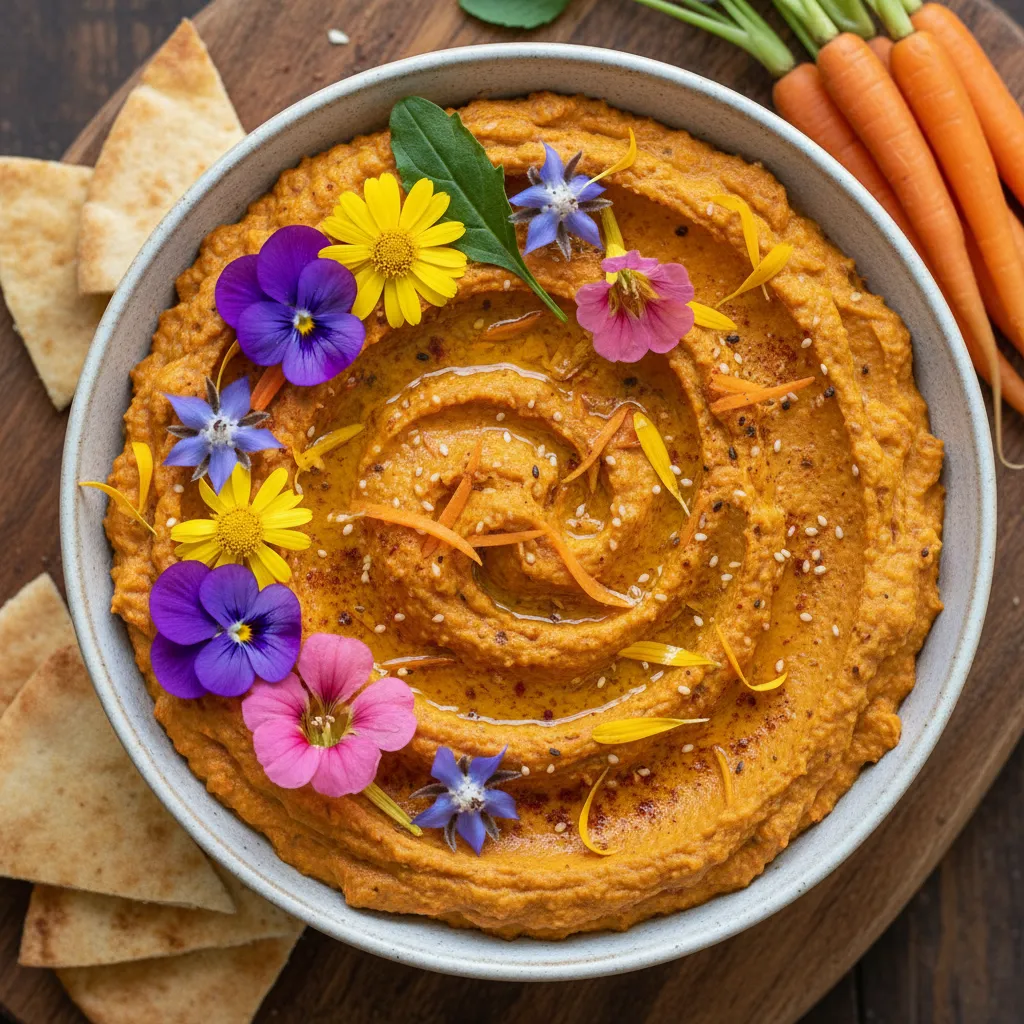 Savory Carrot Hummus with Edible Flower Garnish