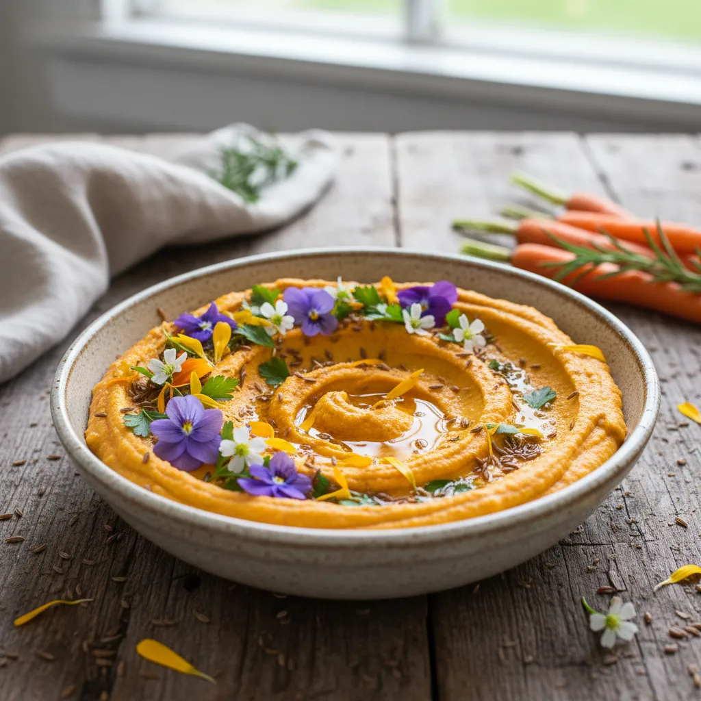 Savory Carrot Hummus with Edible Flower Garnish