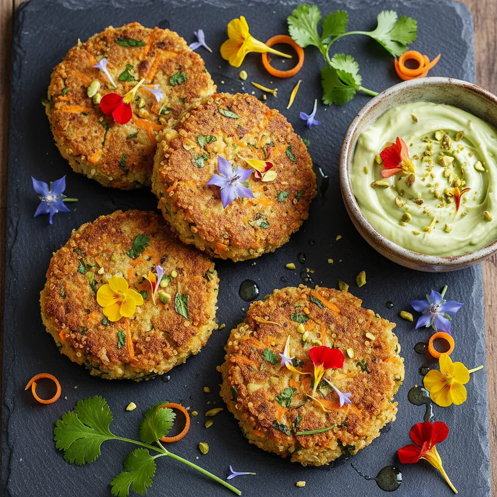 Savory Carrot and Edible Flower Quinoa Patties with Avocado Yogurt Dip