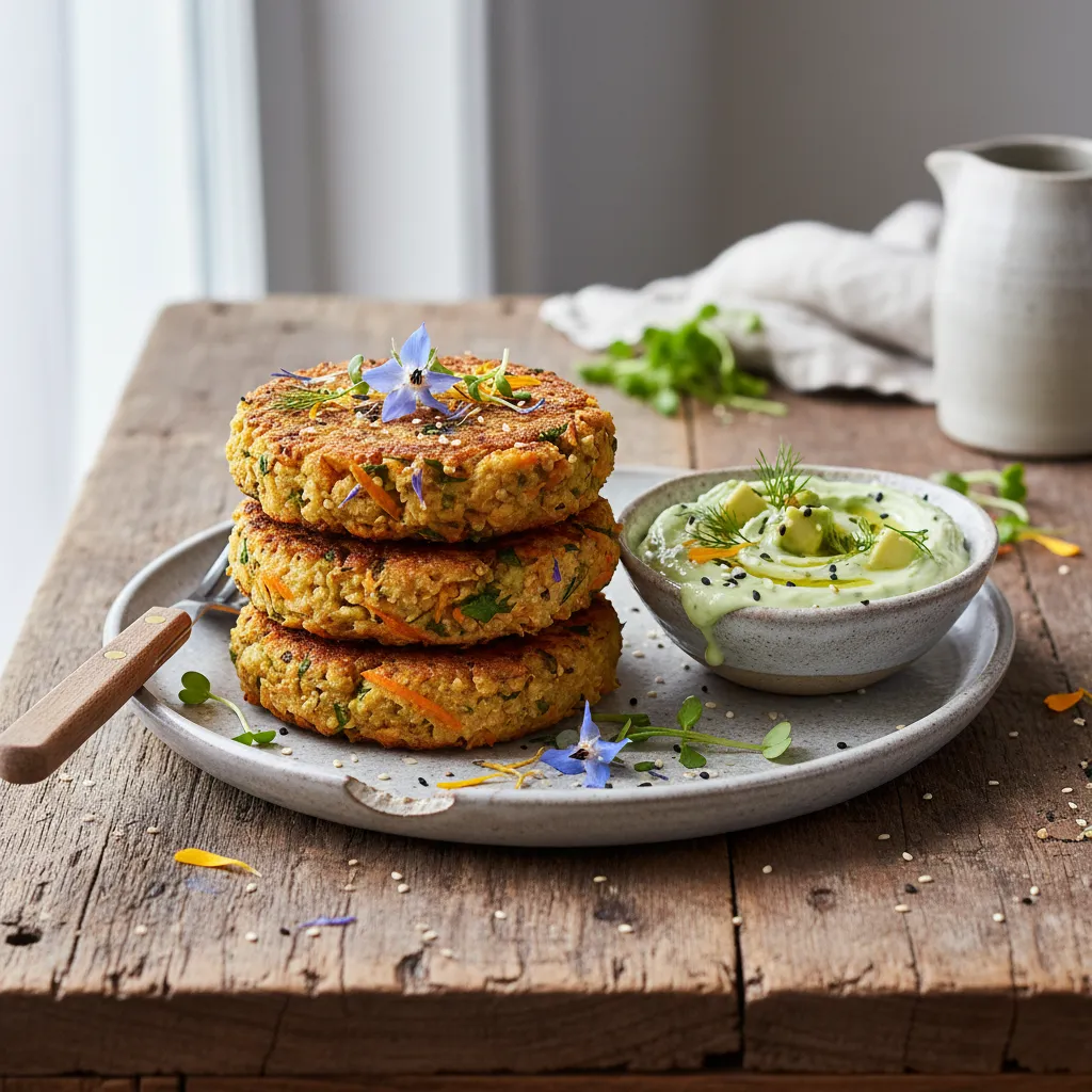 Savory Carrot and Edible Flower Quinoa Patties with Avocado Yogurt Dip